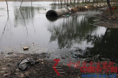 濟南達利在河道中另一個排口,河中的水已經都變成了黑色。 濟南達利在河道中另一個排口,河中的水已經都變成了黑色。