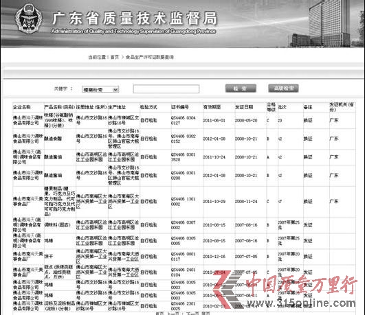 6月5日廣東省質量技術監督局官方網站截圖顯示,佛山市海天調味食品有限公司多項產品許可證過期。