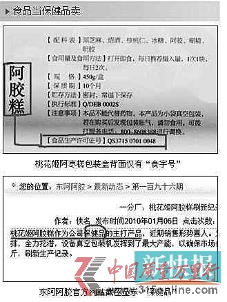 東阿阿膠涉嫌虛假宣傳把食品寫成保健品